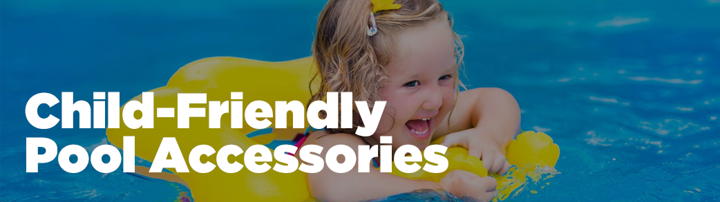 A vibrant assortment of child-friendly pool accessories, including colorful floaties, water toys, and inflatable play structures, ready to bring joy and excitement to a sunny day by the pool.